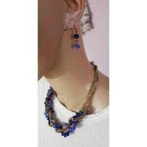 Blue and Gold colored Chunky Necklace with Earrings